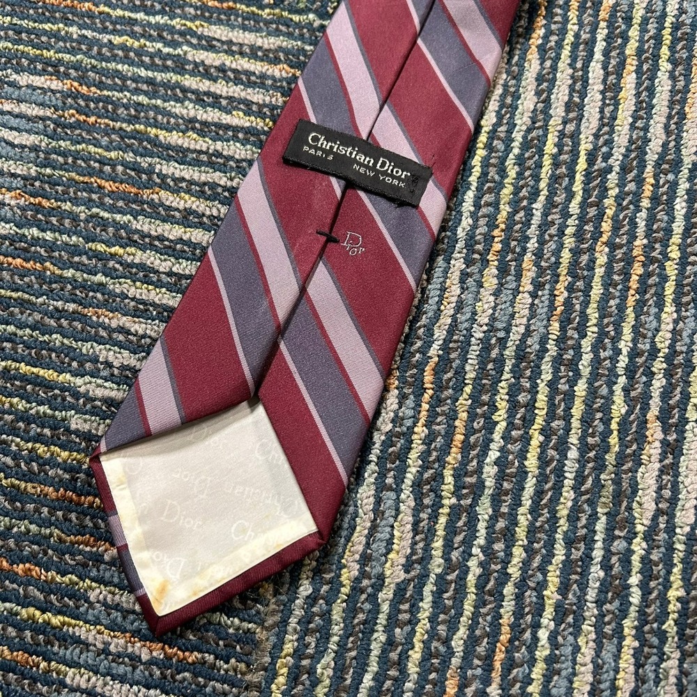 Christian Dior Silk Tie 56" Burgundy Grey Striped CD Logo Vintage Necktie - Picture 5 of 7